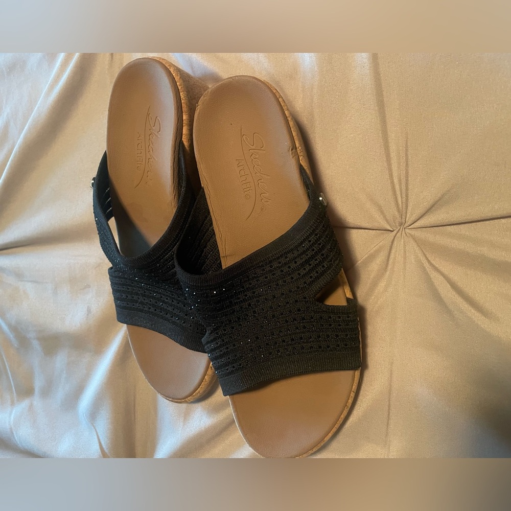 Skechers womens black glittery strappy slip sandals cork Archfit